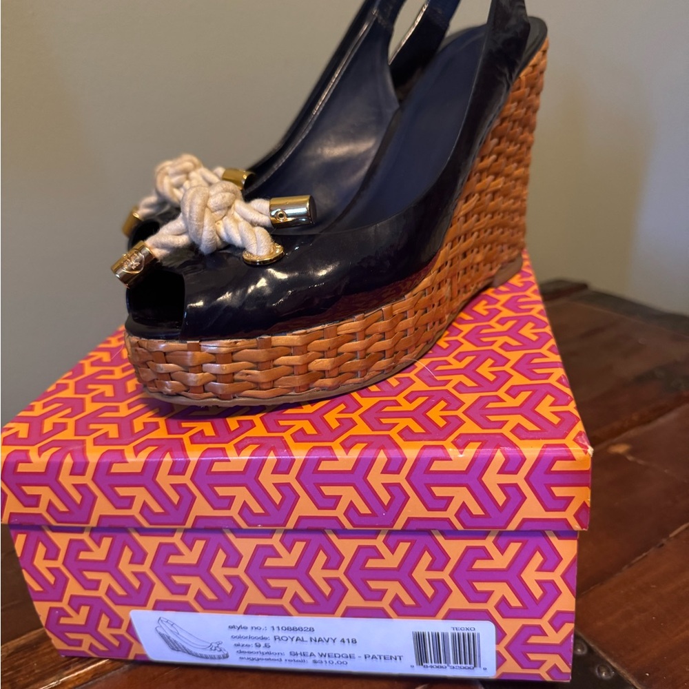 Tory Burch Navy Royal Blue Slingback Shea Wedges Size 9.5